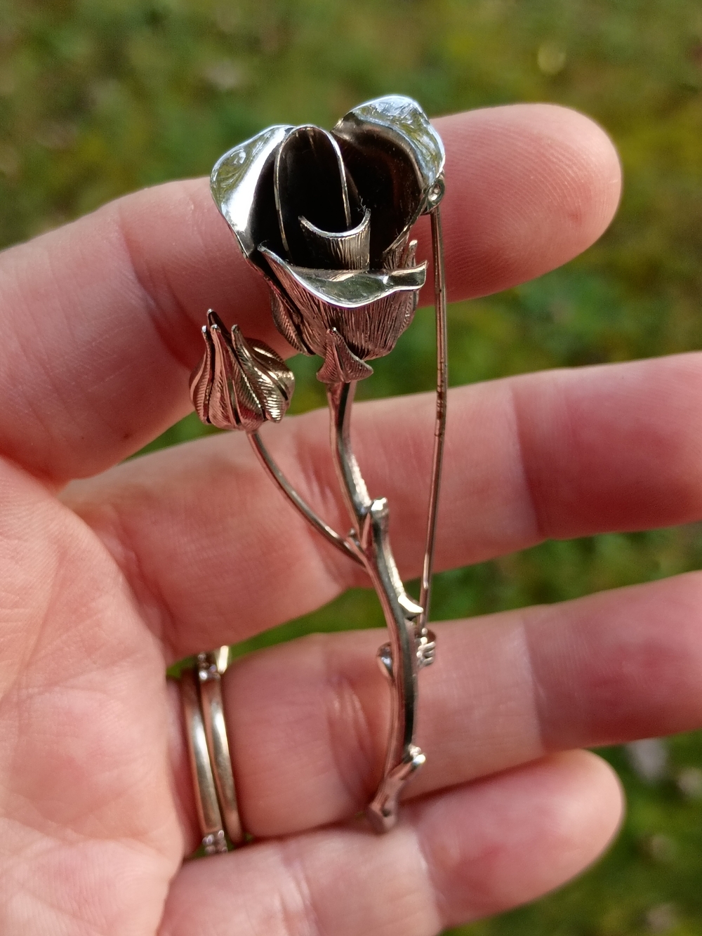 Vintage Silver Toned 3" Rose Rose Bud Brooch Pin